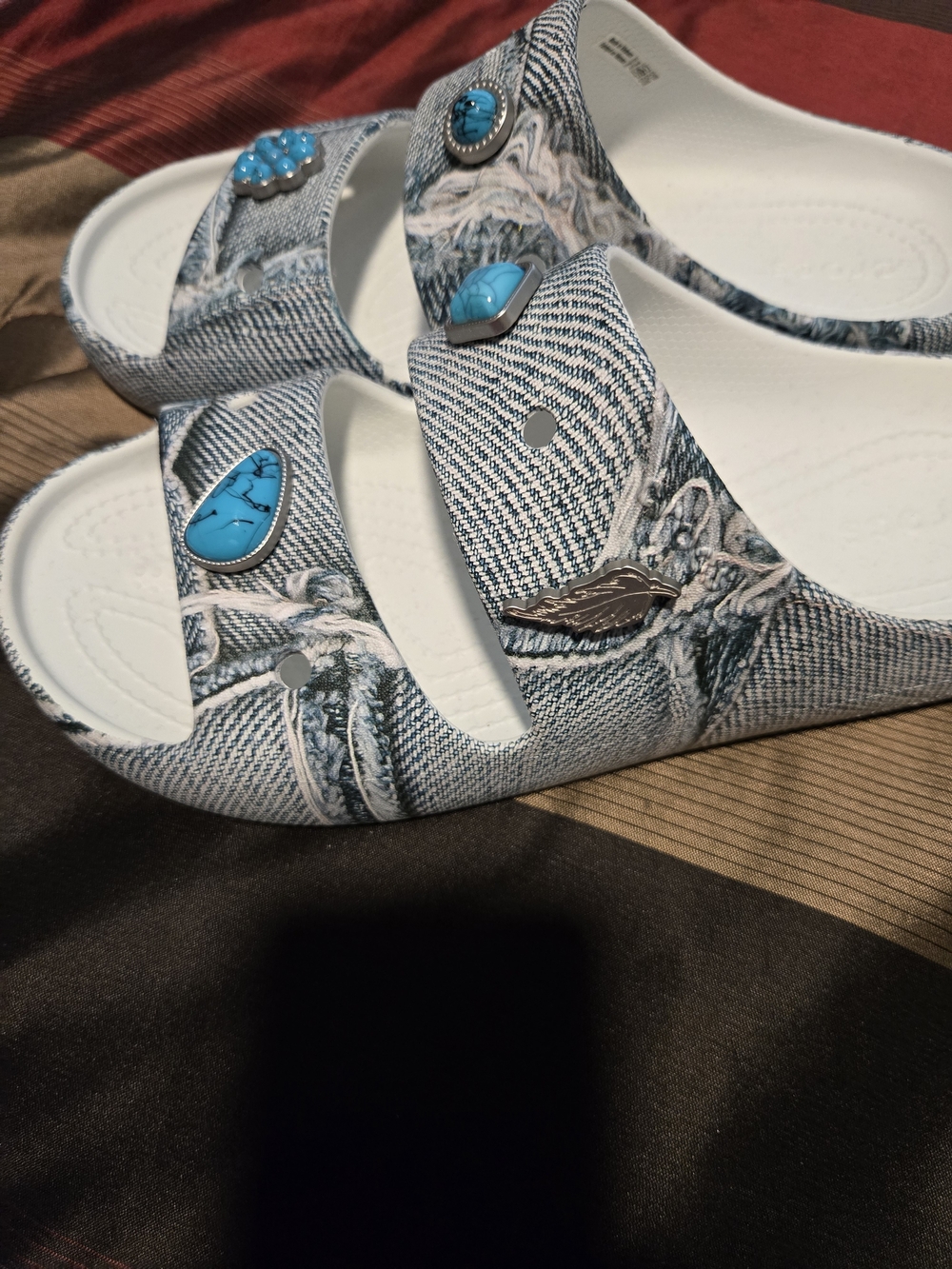 CROCS Denim-Print White Footbed Slide Mules with Turquoise Accents